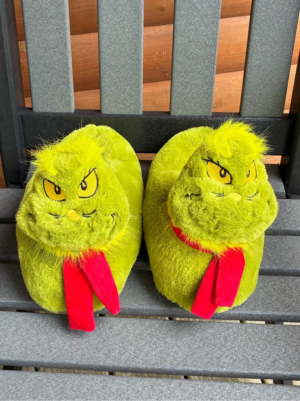 Plush Grinch Women's Slip On Slippers Bright Green with Red Accent Adult 9-10
